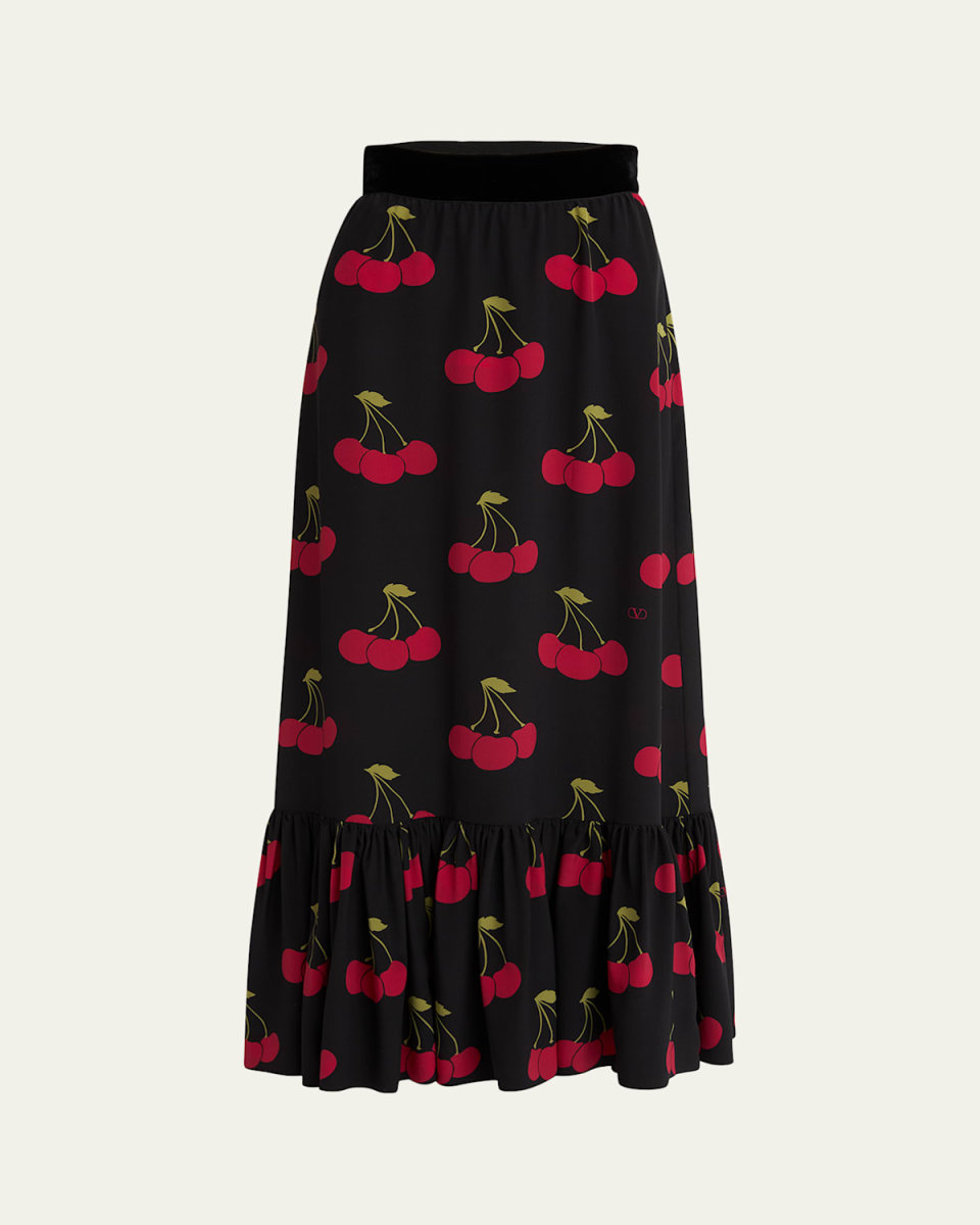 Cherry Print Flounce Silk Maxi Skirt